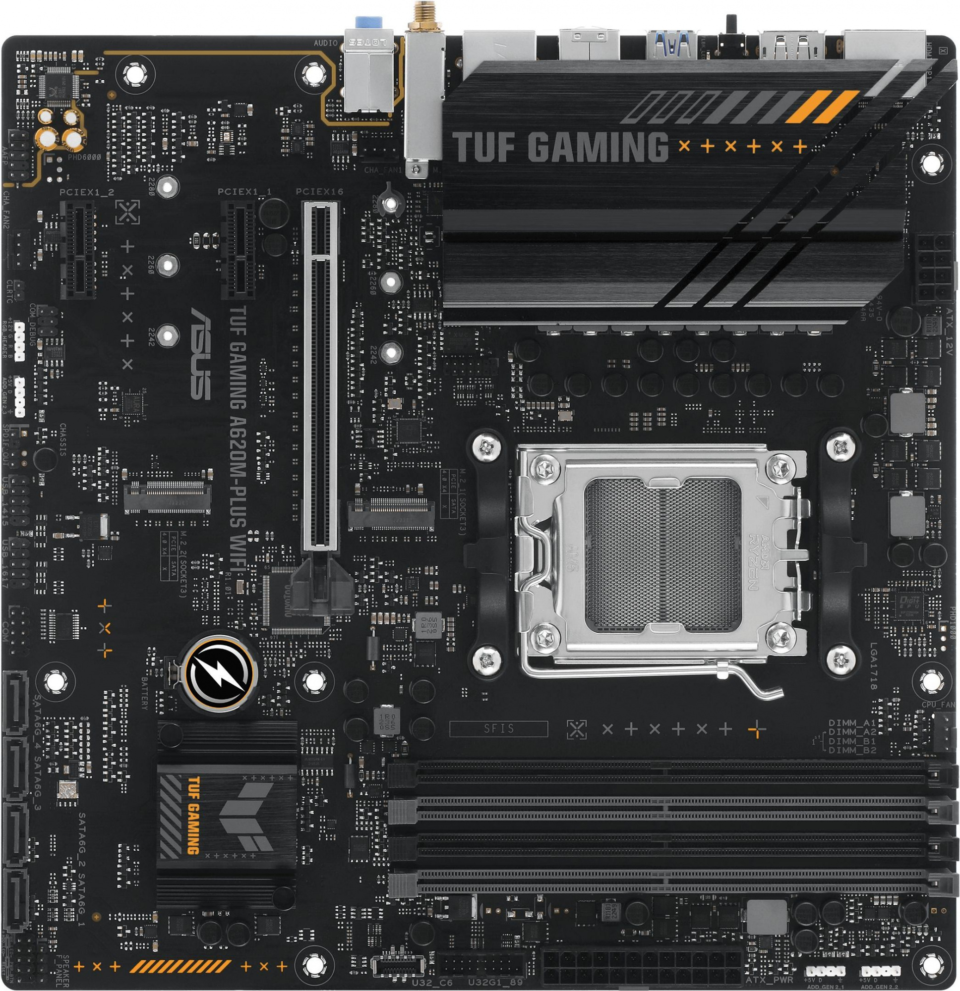 Материнская плата Asus TUF GAMING A620M-PLUS WIFI Socket AM5 AMD A620 4xDDR5 mATX AC`97 8ch(7.1) 2.5Gg RAID+HDMI+DP
