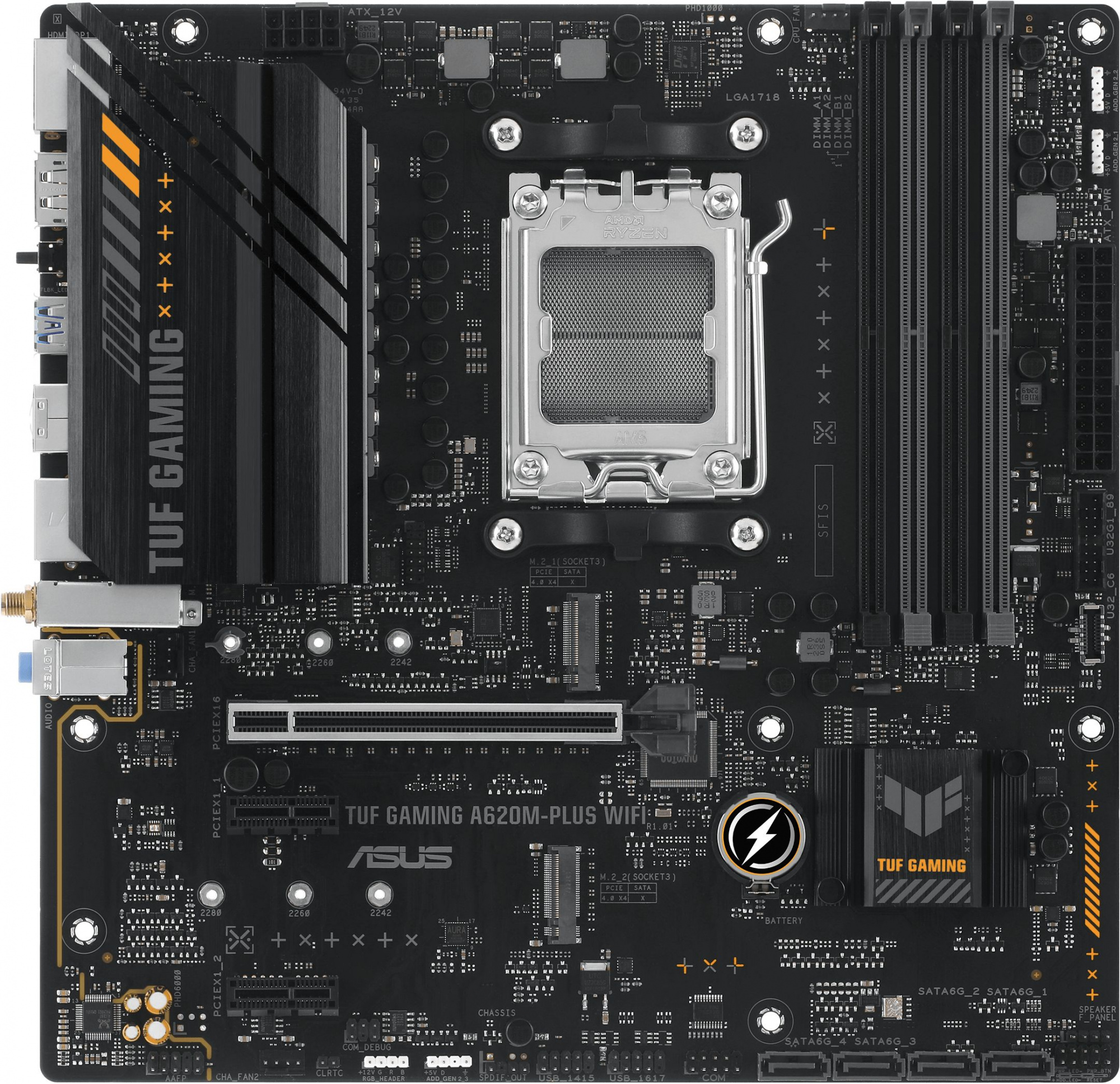 Материнская плата Asus TUF GAMING A620M-PLUS WIFI Socket AM5 AMD A620 4xDDR5 mATX AC`97 8ch(7.1) 2.5Gg RAID+HDMI+DP — изображение 2