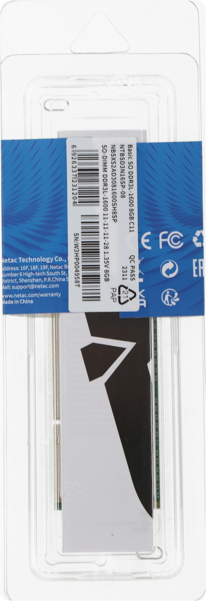 Память DDR3L 8Gb 1600MHz Netac NTBSD3N16SP-08 Basic RTL PC3-12800 CL11 SO-DIMM 204-pin 1.35В single rank Ret — изображение 6