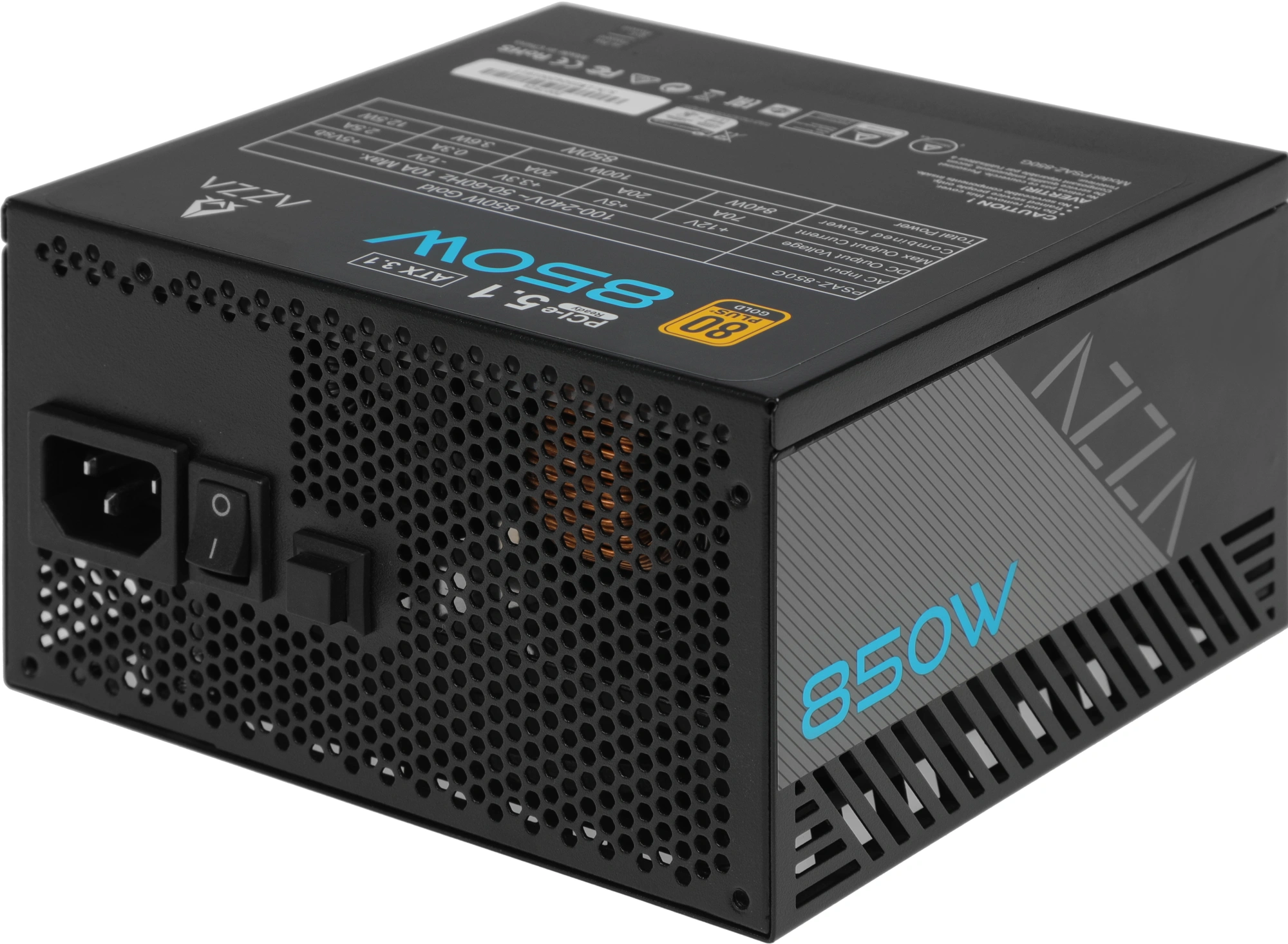 Блок питания Azza ATX 850W PSAZ-850G 80+ gold (20+4pin) APFC 120mm fan 6xSATA Cab Manag RTL